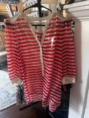 LC Lauren Conrad Coral and White Striped Sheer Blouse, L , new